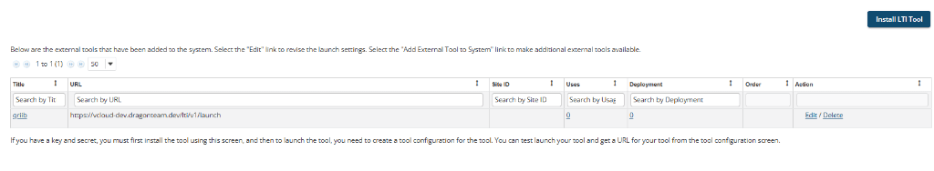 The registered tool listed in Sakai's External Tools table