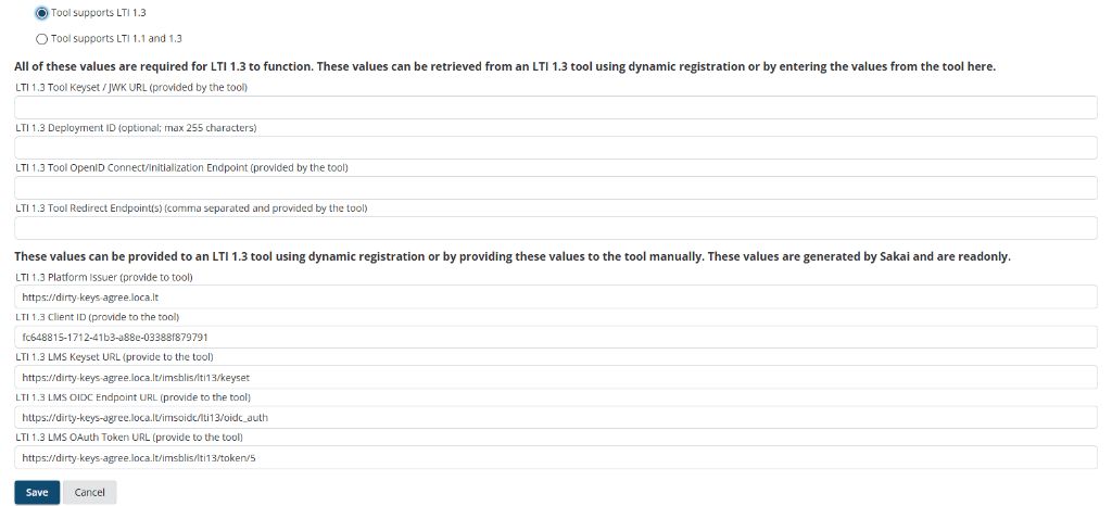 Sakai's External Tool edit screen showing the LTI 1.3 tool fields and the platform credentials Sakai generates after saving