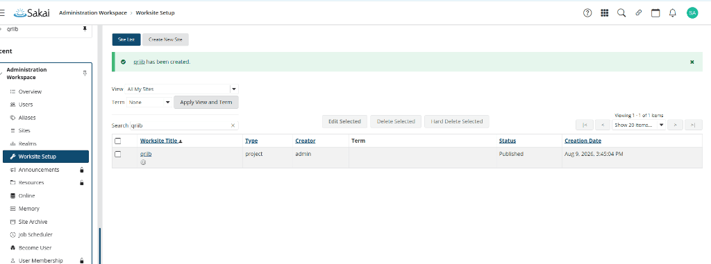 Newly created site confirmed in the Worksite Setup list